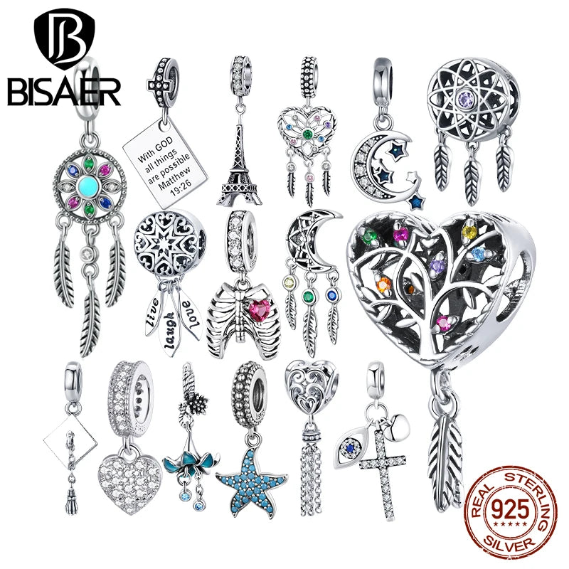 BISAER Pendentif vintage en argent sterling 925 en forme d'étoile de mer et de lune, attrape-rêves, breloque étoile de mer d'été, perles adaptées au bracelet, bijoux fins à faire soi-même