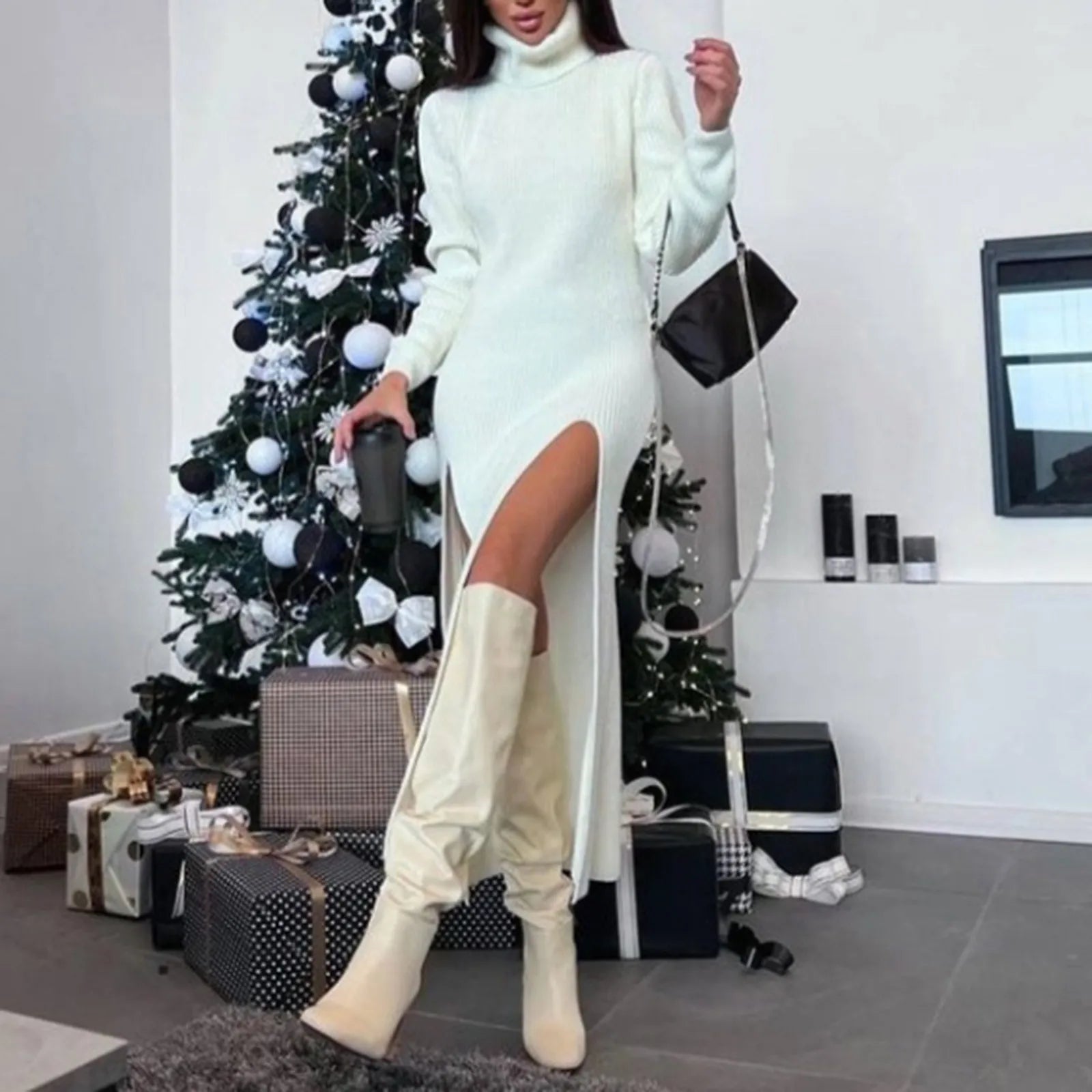 Sexy Bodycon Slit Knitted Sweater Dresses Long Sleeve Turtleneck Knitted High Split Thigh Woolen Sweater Dress Elegant Dresses