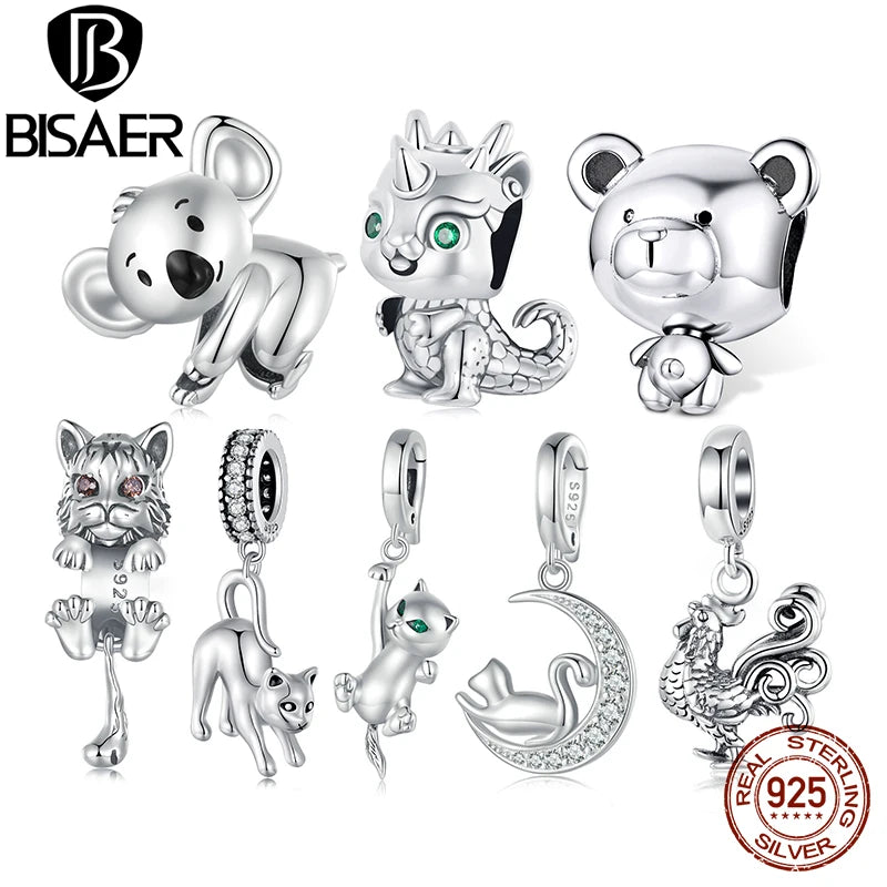 BISAER 925 Sterling Silver Little Dragon Charms Beads Cute Owl Cat Rooster Pendant for Women DIY Bracelets Necklace Jewelry Gift