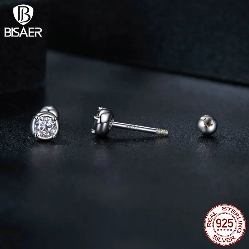 BISAER Exquisite Moissanite Ear Earrings 925 Sterling Silver Mini Round Hypoallergenic Classic Stud Ear Engagement Jewelry Gift