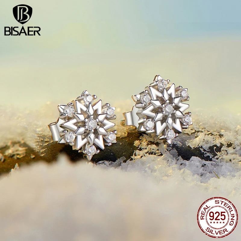 BISAER 925 Sterling Silver Snowflake Stud Earrings Sparkling Zircon Earrings Plated White Gold for Women Party Fine Jewelry Gift