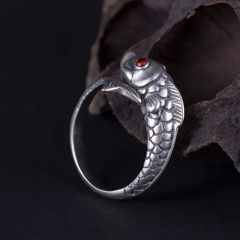 MKENDN Vintage Red Eyes 925 Sterling Silver Koi Adjustable Ring For Men Women Gothic Trendy Street Hip Hop Dark Jewelry