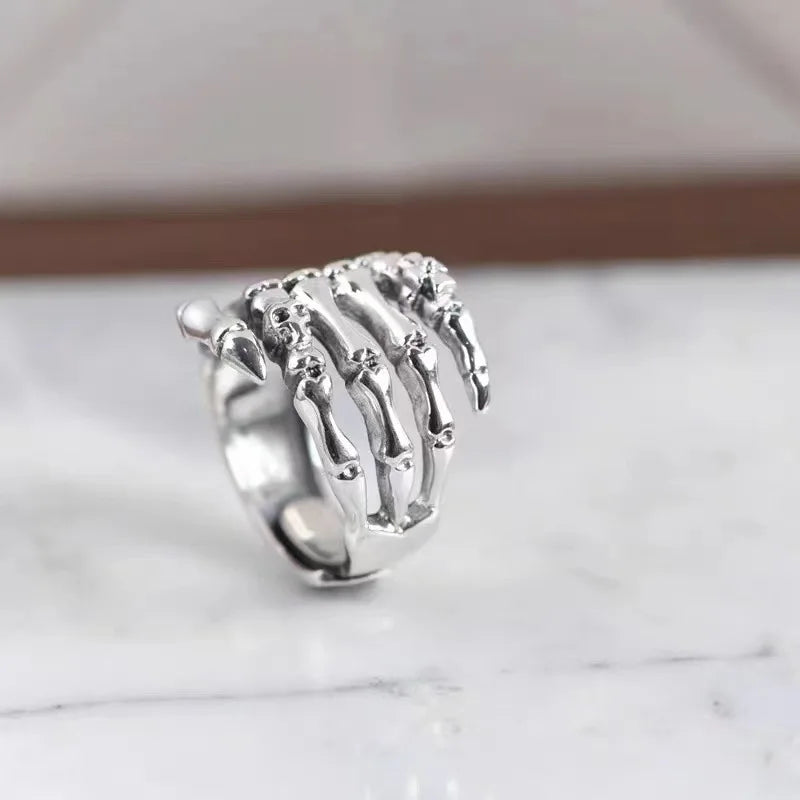 YILUOCD S925 Skeleton Hand Ring Gothic Open Skull Rings for Women Men Halloween Punk Jewelry Gift