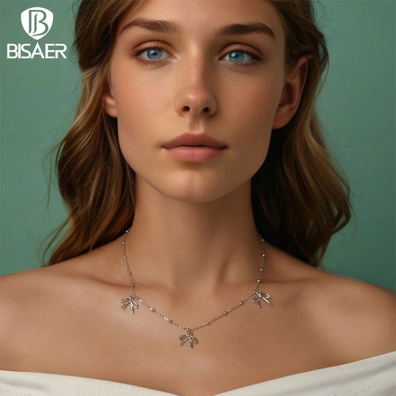 BISAER 925 Sterling Silver Three Bows Necklace Pendant Adjustable Chain Plated White Gold for Elegant Women Wedding Fine Jewelry