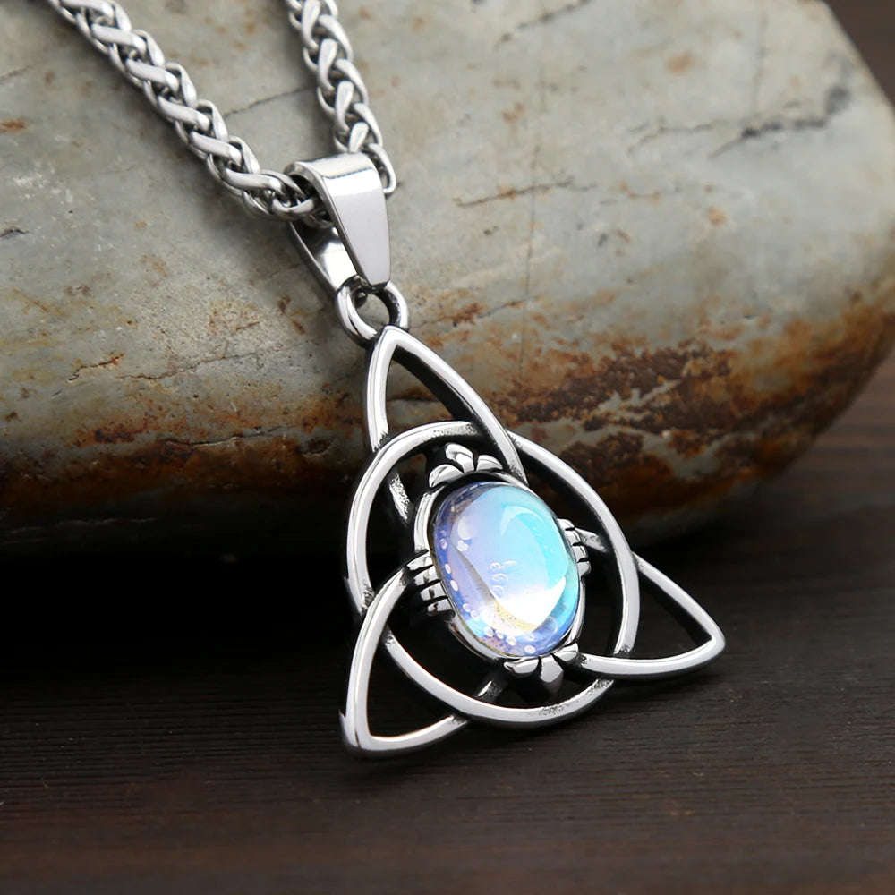 Nordic Vintage Stainless Steel Trinity Knots Pendant Necklaces For Men Women Fashion Opal Necklace Viking Amulet Jewelry Gifts