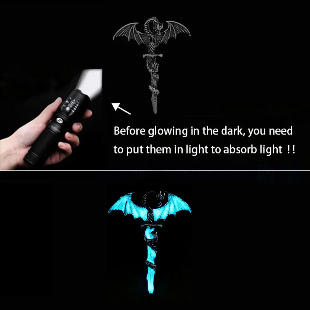 Luminous Glowing Night Fluorescence Glow In The Dark Sword Vintage Dragon Pendant Necklace for Men Women Party Hallowen