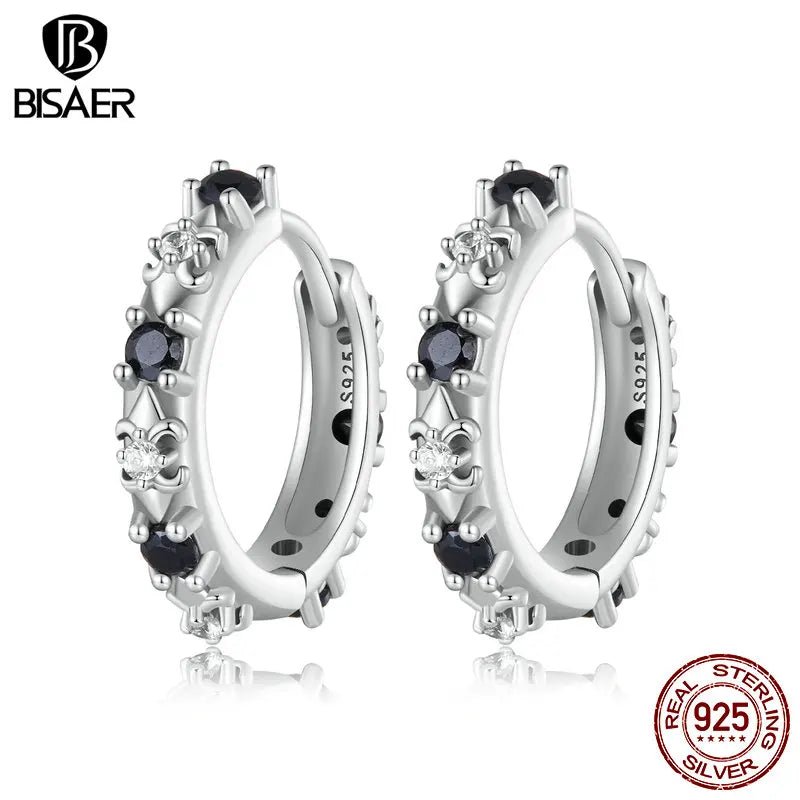 BISAER 100% 925 Sterling Silver Black Zircon Onyx Hoop Earrings Iris Flower Vintage Round Ear Clip For Women Party Jewelry Gift