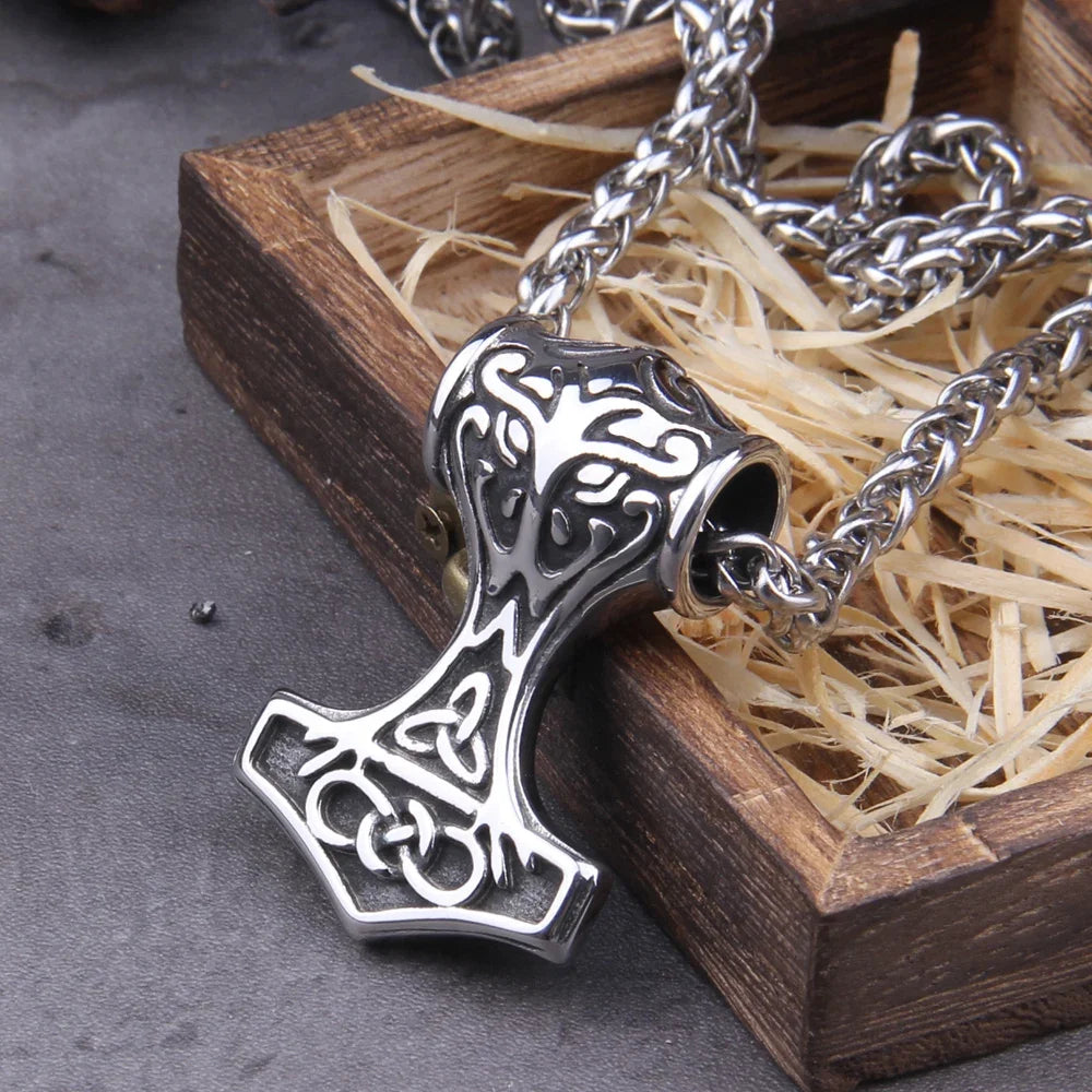 Fashion Valknut Viking Thor's Hammer Pendant Necklace With keel Chain As Men Gift with wooden box