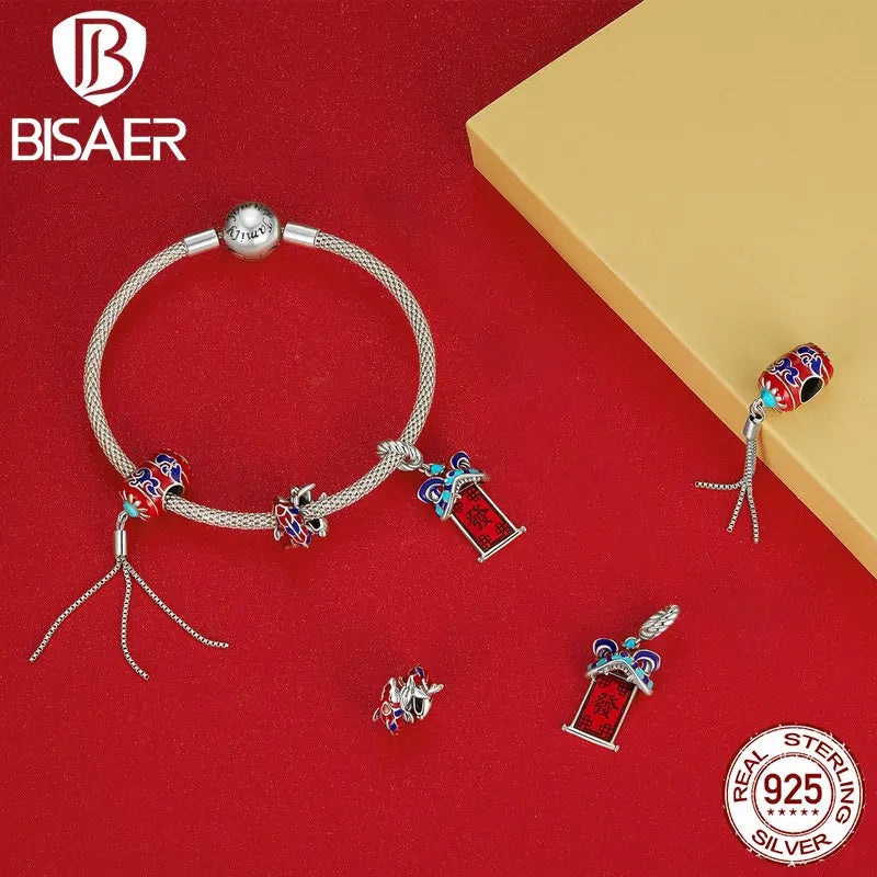 BISAER 100% 925 Sterling Silver Chinese New Year Red DIY Charms Beads Lantern Pendant Fit Women DIY Bracelet Fine Jewelry