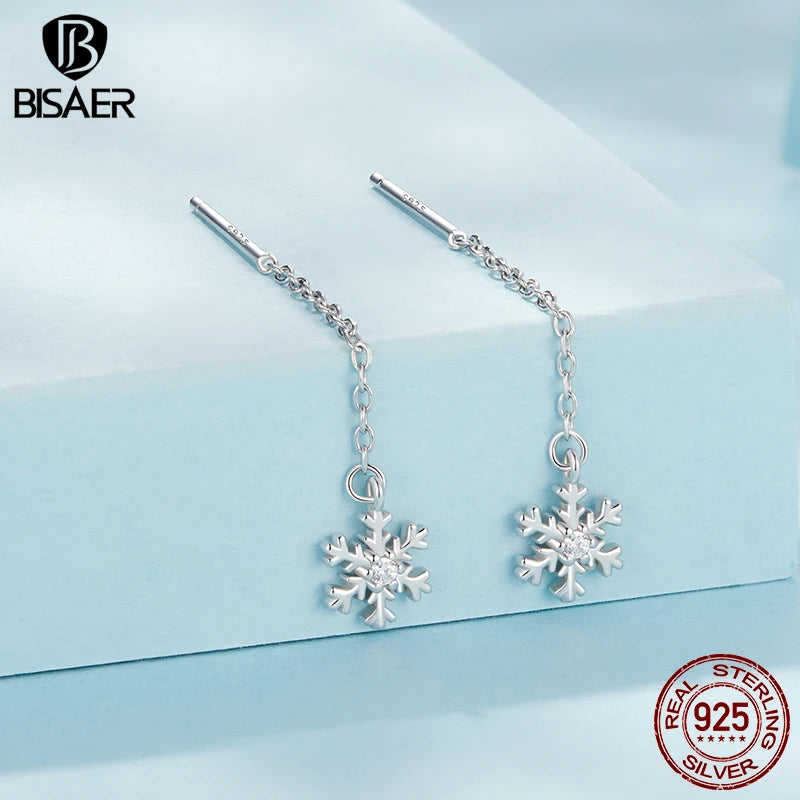 BISAER 925 Sterling Silver Snowflake Ear Threads Butterfly Star Four-leaf Clover Earrings Plated White Gold For Women Jewelry