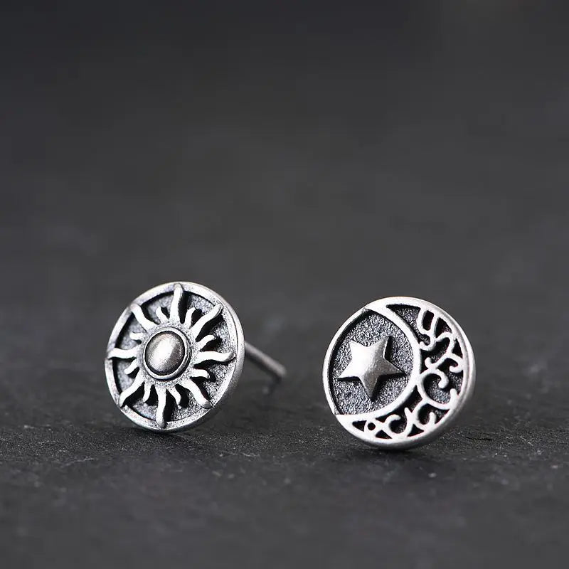 MKENDN 925 Sterling Silver Creative Retro Sun Moon Stud Earring Trendy Street Gothic Punk Style For Men Women Fine Jewelry