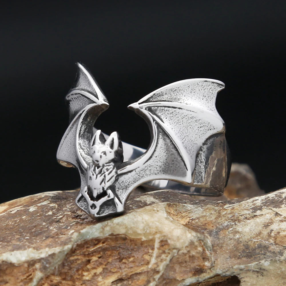 Vintage 316L Stainless Steel Bat Detailed Ring Punk Biker Animal Rings for Men Women Fashion Amulet Party Jewelry Dropshipping