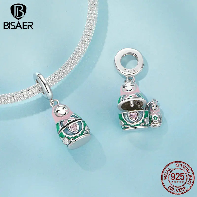 BISAER 925 Sterling Silver Matryoshka Doll Pendant Colorful Enamel Process Charm for Women DIY Bracelet & Necklace Fine Jewelry