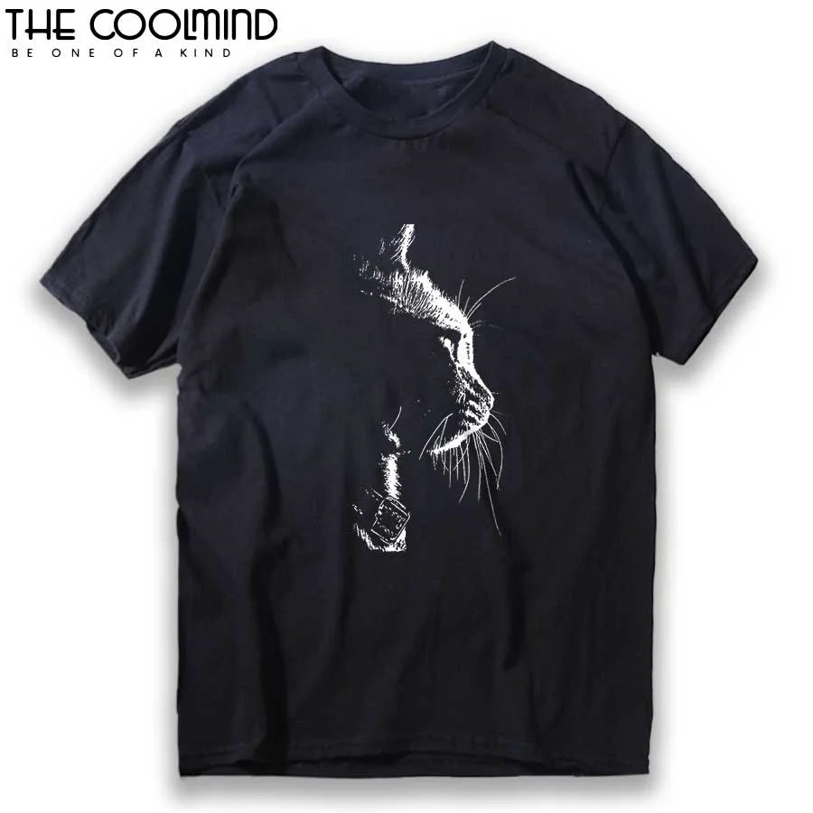 COOLMIND 100% Cotton Short Sleeve Cat Print Men Tee Shirts Casual Cool Cat Men T Shirt Summer Loose Men Tshirt Cool t-shirt Male