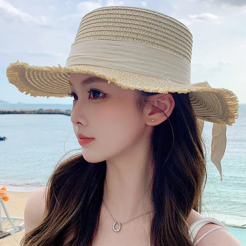 Bow Ribbon Straw Cover Cap Women Wide Brim Soft Top Sun Protection Hat Summer Sunshade Visors Female Vacation Beach Accessories