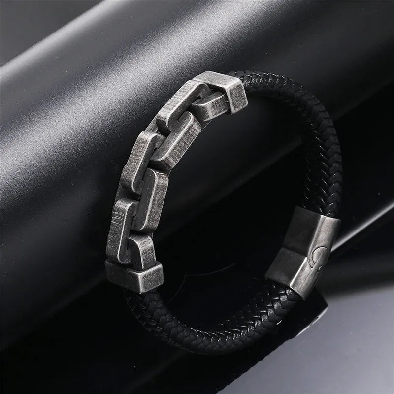 MKENDN Stainless Steel Bracelet for Men Vintage Dark Metal Wide Chain Link Unbroken Collection Mens Leather Jewelry  Gifts