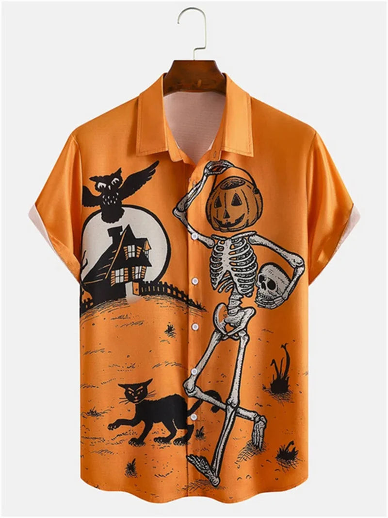 Camisa vintage para hombre con estampado 3D de cabeza de calabaza de Halloween, ropa para hombre, camisa hawaiana informal de verano para playa hawaiana, camisa hawaiana de vacaciones