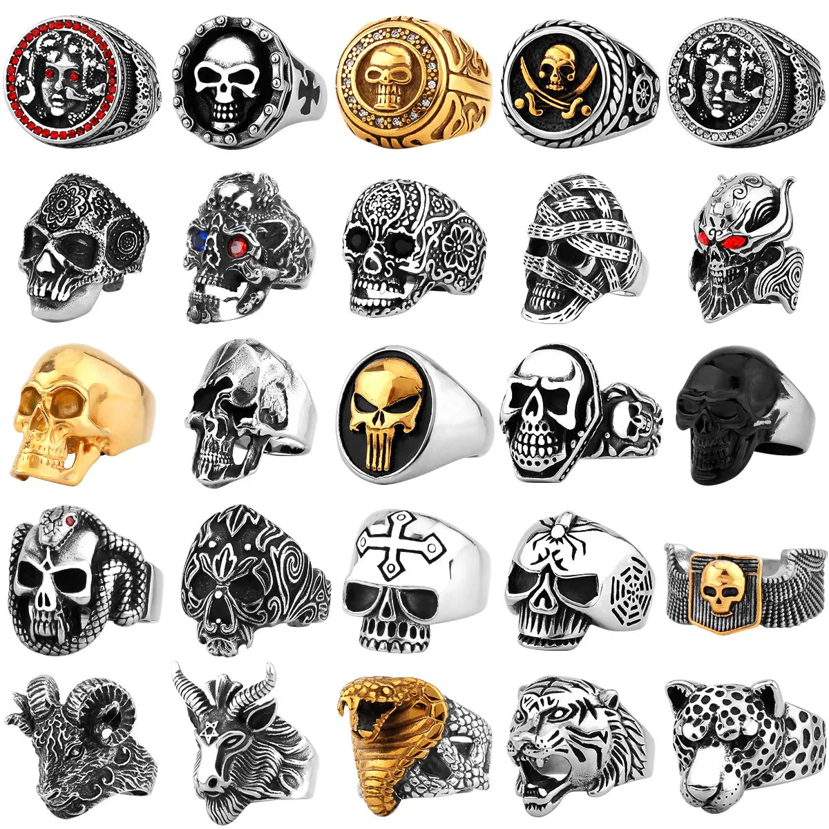 Gothic Punk Satanic Devil Skull/Animals Ring Vintage Steampunk Men's Stainless Steel Viking Ring Hiphop Motorcycle Biker Jewelry