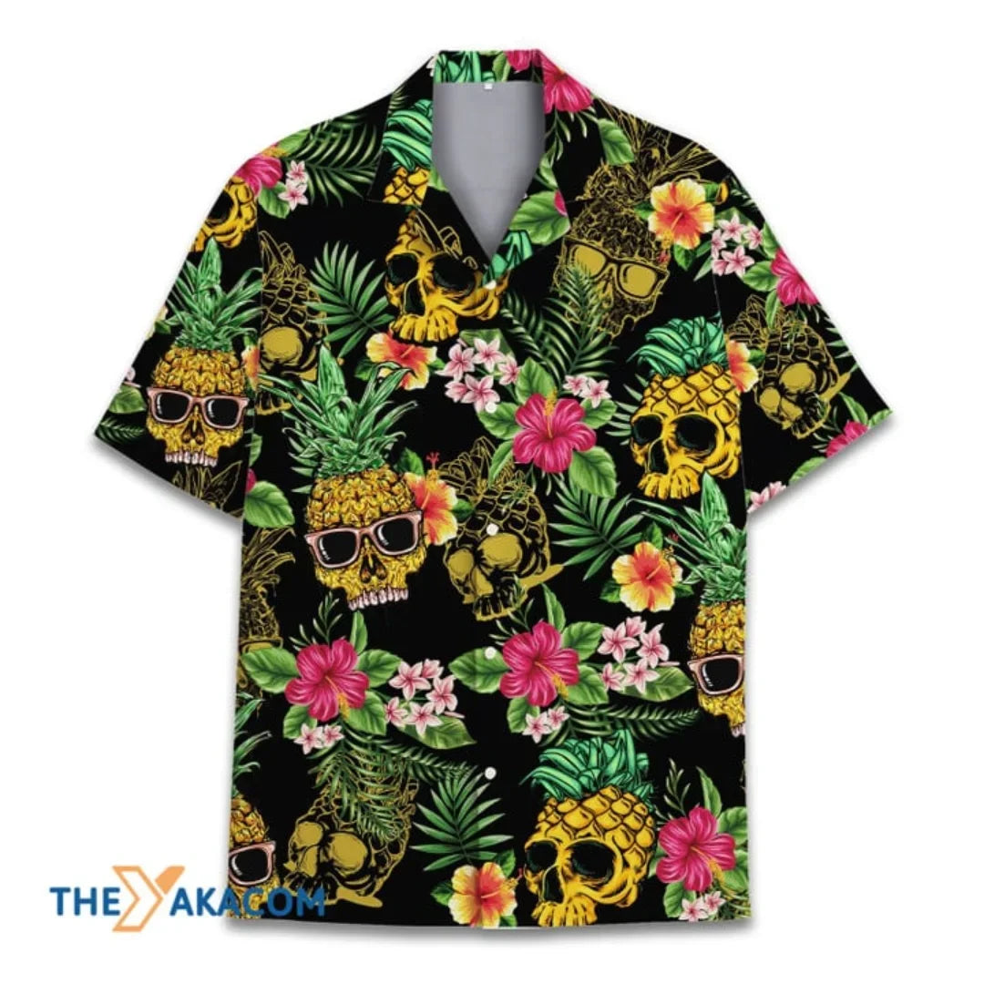 Camisas hawaianas con calaveras de piña para hombres, divertida camisa tropical de Halloween con calaveras para hombres, camisa con calaveras para mujeres, camisa con calaveras