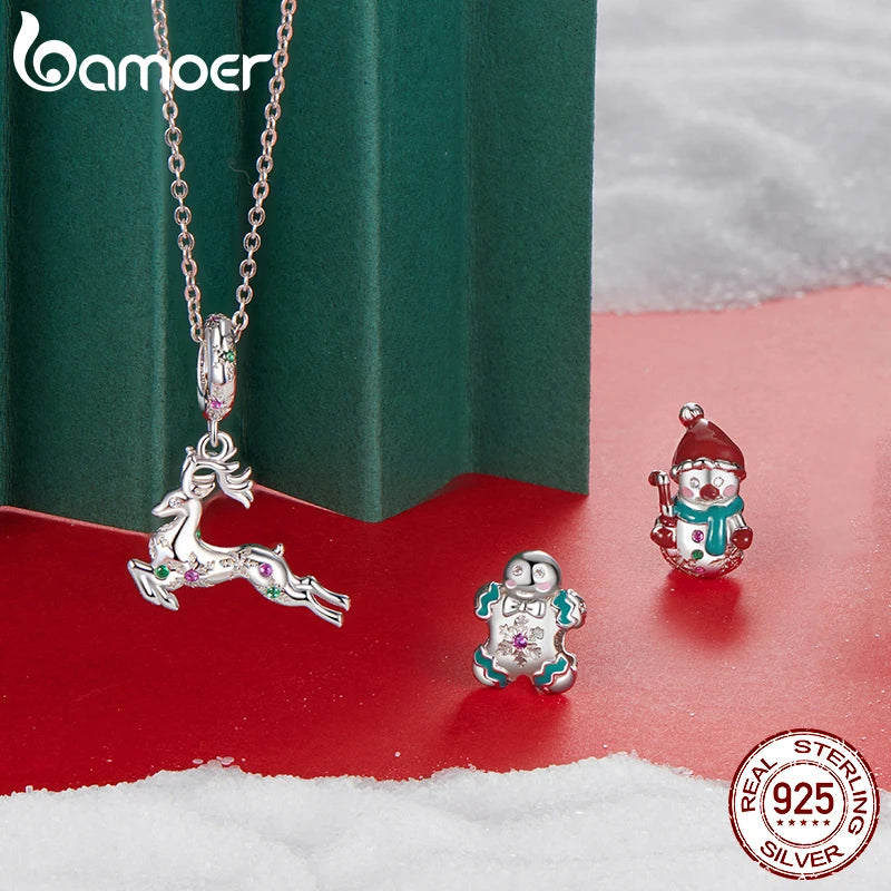 BAMOER 925 Argent Sterling Bonhomme de Neige de Noël Charm Perle Fit Bracelet Original DIY Bamoer Charm pour la Fabrication de Bijoux Cadeau de Noël