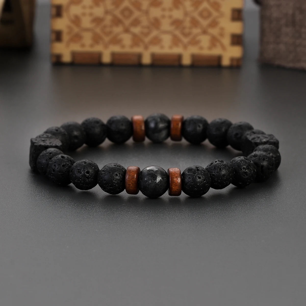 MKENDN Square Volcanic Stone Bracelet for Men Women Natural Lava Black Onyx 8mm Beads Bracelets Yoga Jewelry Gift