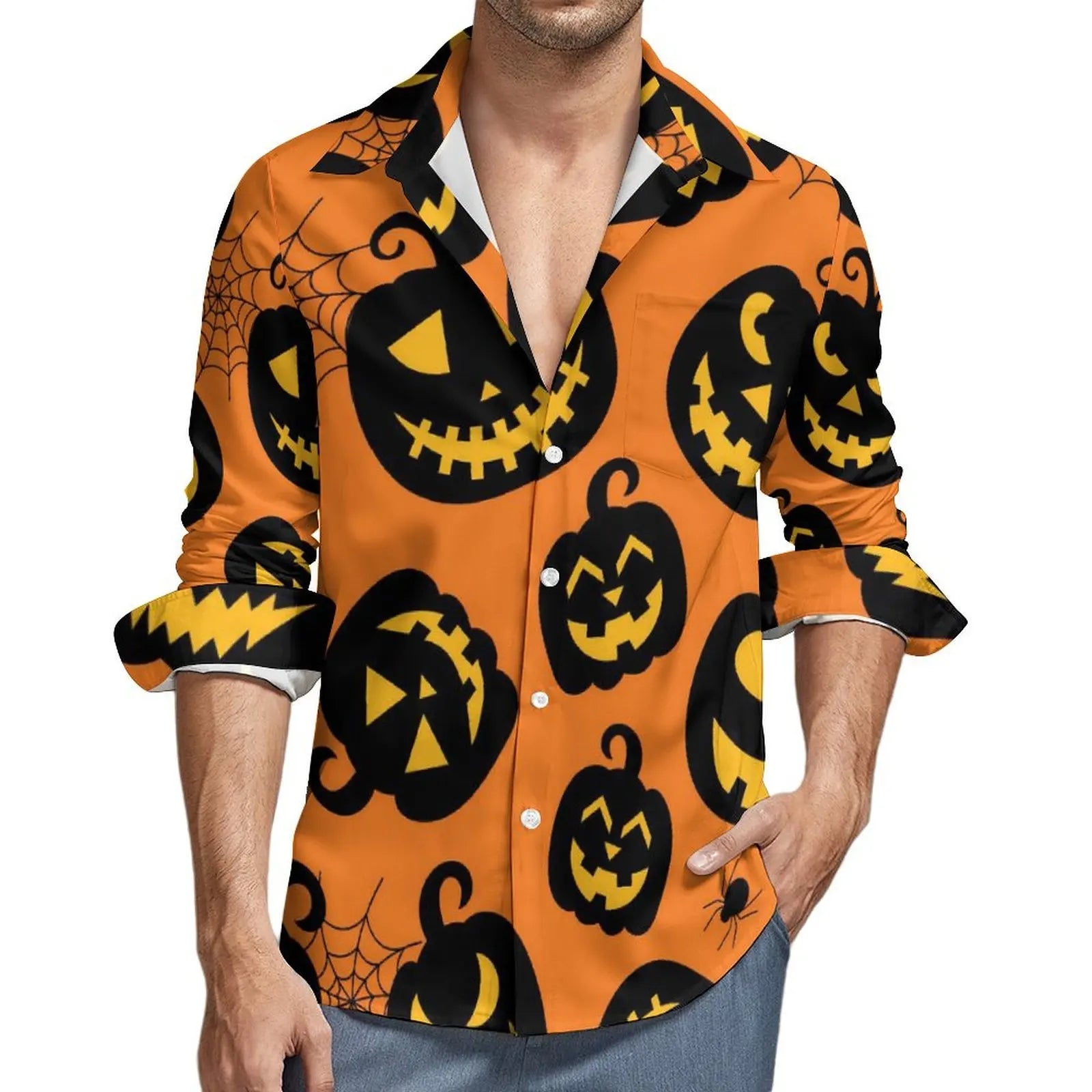 Happy Haunts Casual Shirts Halloween Katze Geist Retro Shirt Frühling Y2K Lustige Oversize Bluse Männer Langarm Grafik Kleidung Geschenk