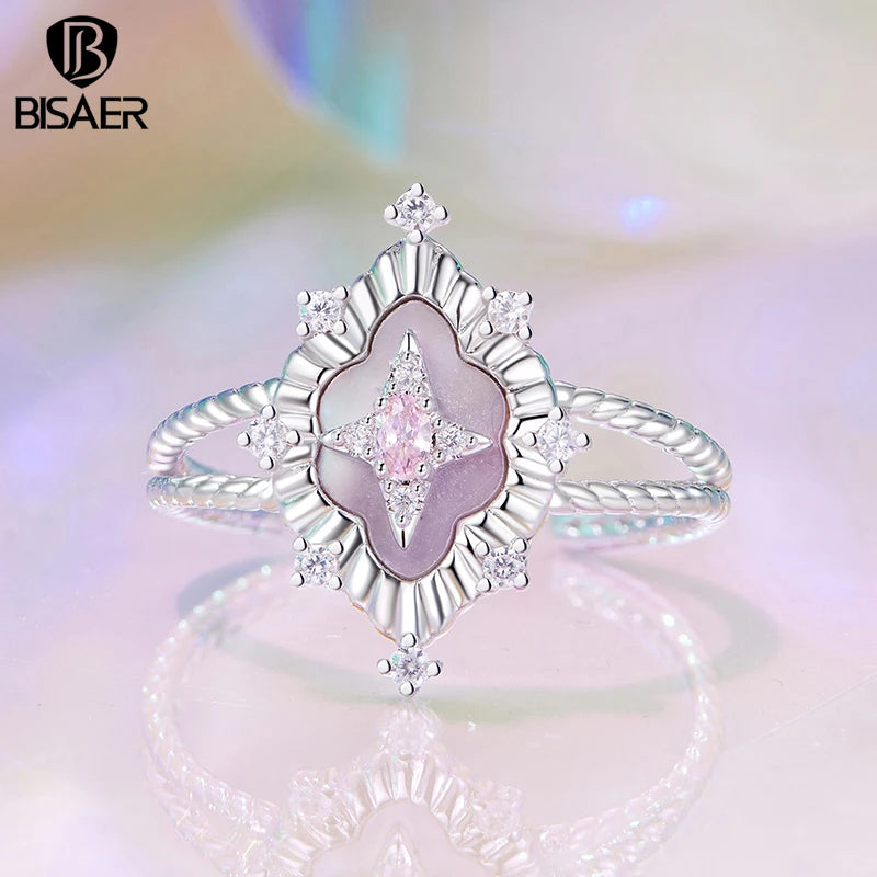 BISAER Starlight Pink Shell Open Ring Adjustable Size 5-9 For Light Luxury Women Wedding Engagement Fashion Jewelry Gift YIR244