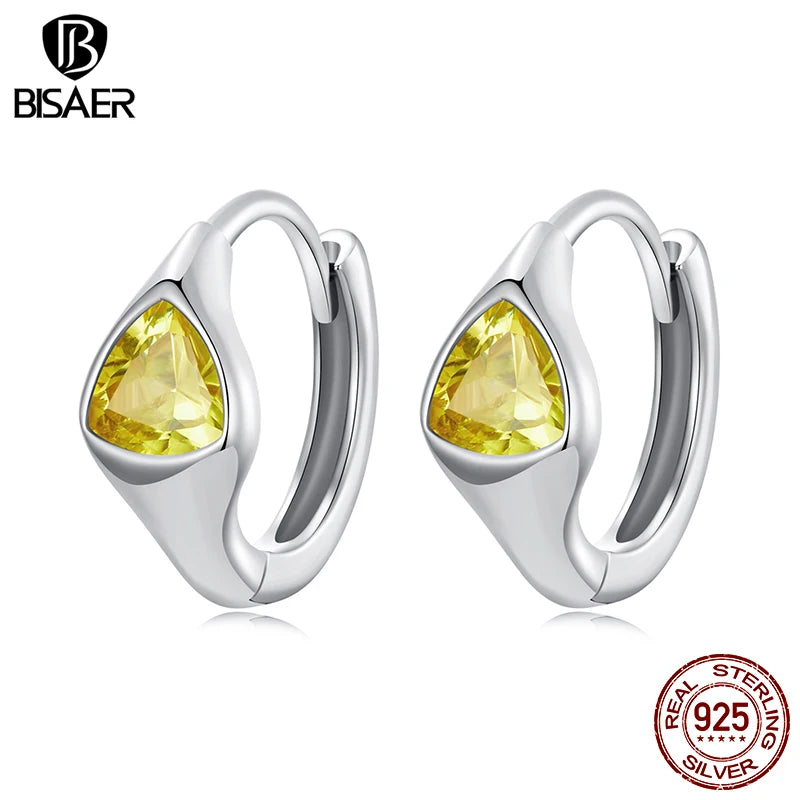 BISAER 925 Sterling Silver Metalness Statement Hoop Earrings Yellow Zircon Stud Earring Plated Gold for Women Party Fine Jewelry