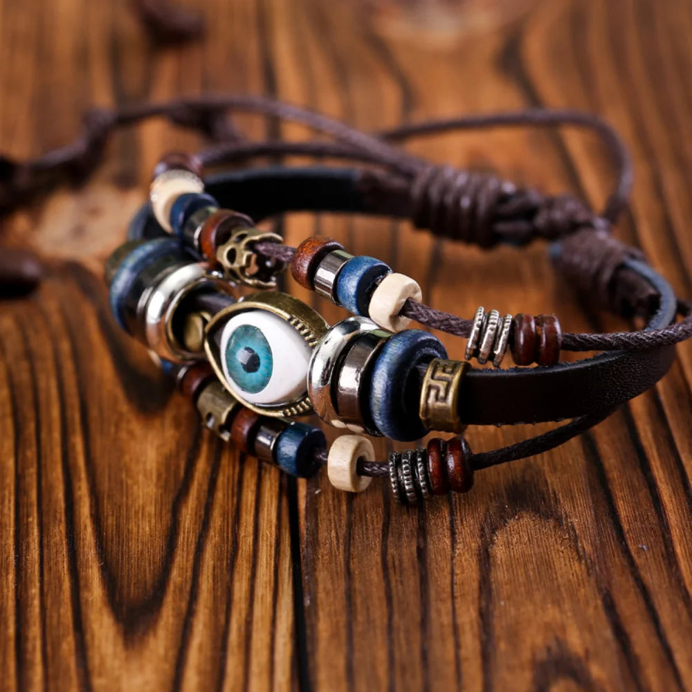 Evil Eye Bracelets For Men Women Vintage Leather Rope Cool Adjustable Layered Bracelet Charm Turkey Jewelry Halloween Cosplay