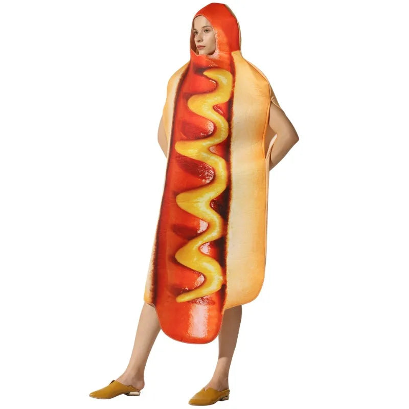 Hot Dog Kostüm für Erwachsene, Halloween-Party, lustige Essen-Overalls, Outfits für Männer und Frauen, Karneval, Purim, Kostüm