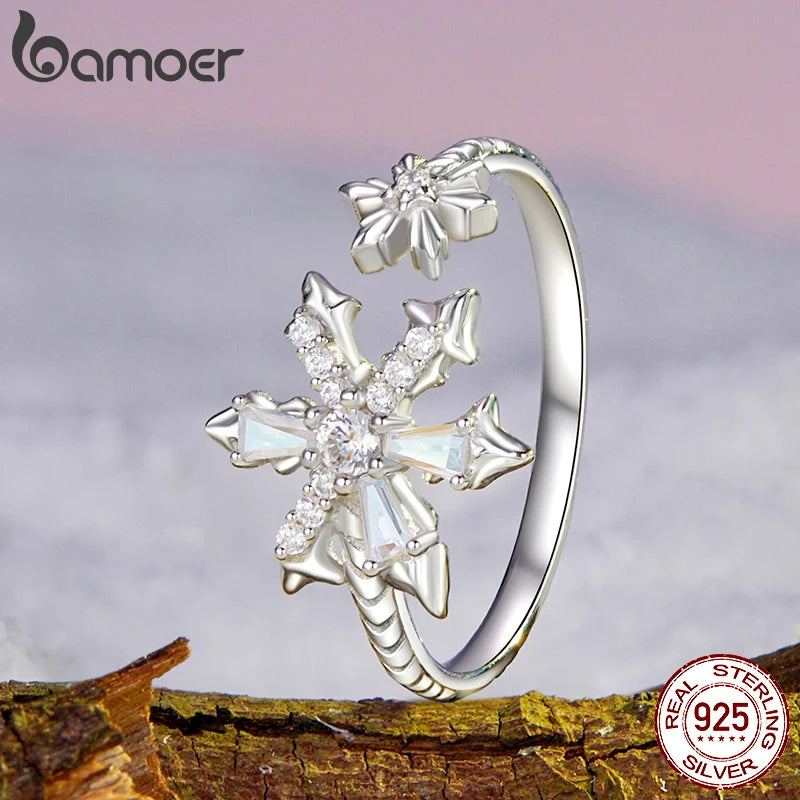 Bague réglable en argent sterling 925 BAMOER en forme de flocon de neige, plaquée or blanc, bijoux délicats et élégants