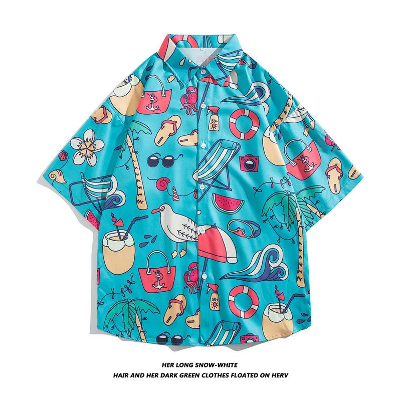 Y2K Men Vintage Shirt Summer New Hawaiian Short Sleeve Shirt Mens Halloween Funny Printed Beach Casual Shirts Man Oversized Hemd