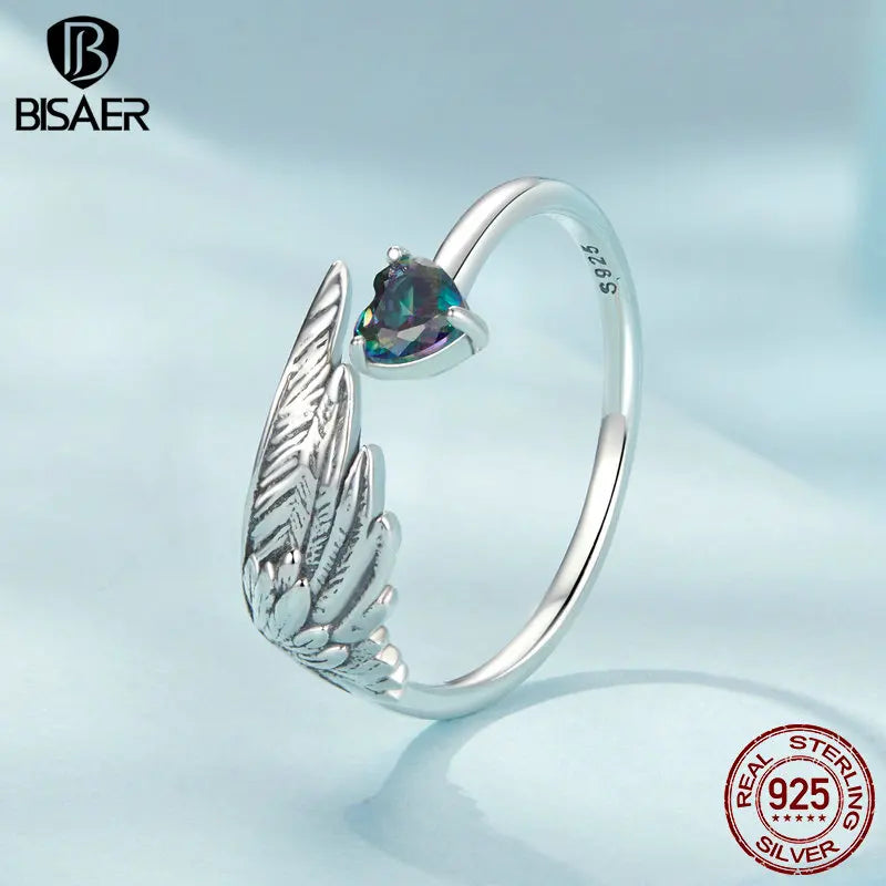 BISAER Real 925 Sterling Silver Vintage Wing Open Ring Heart Band Adjustable Size 5-9 for Women Party Fine Jewelry ECR1070