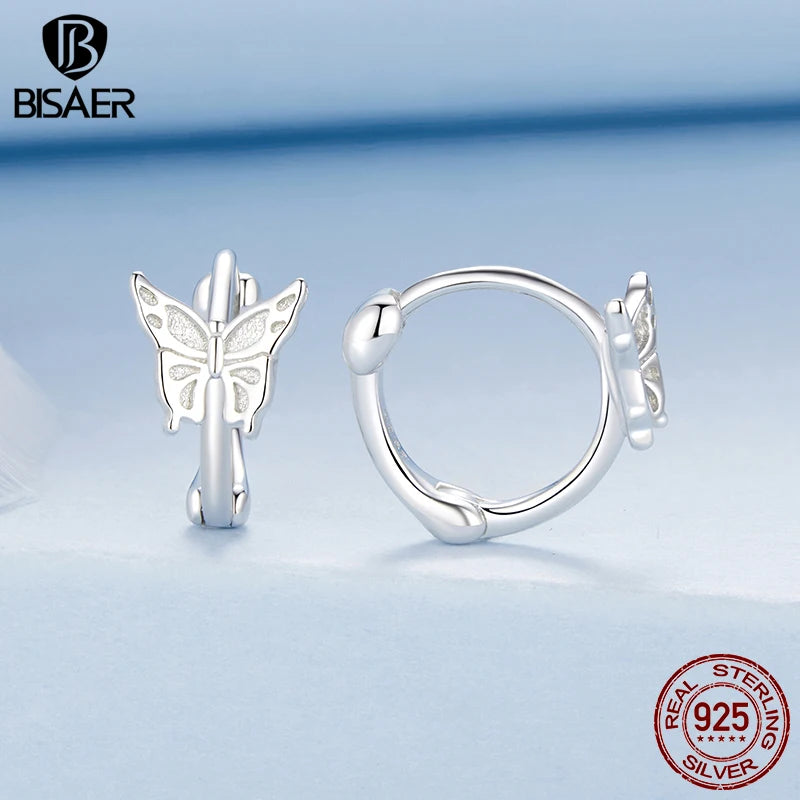 BISAER 925 Sterling Silver Butterfly Ear Buckles Round Hoop Earrings Plated White Gold for Elegant Women Original Fine Jewelry