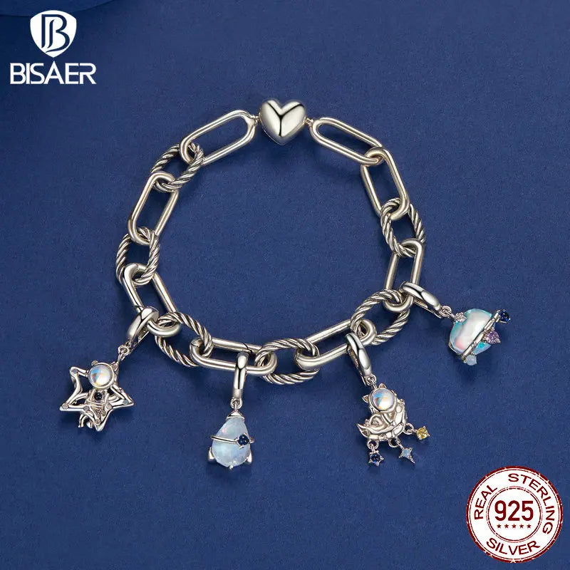 BISAER 925 Colgante de plata de ley con forma de estrella de ensueño con forma de riel, avión, astronauta, serie espacial, para mujer, pulsera DIY, joyería fina