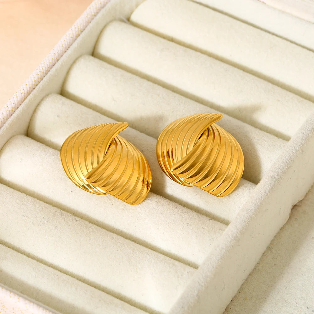 INS Trend 18K Gold Plated Stainless Steel Striped Textured Studs for Women Hypoallergenic Geometric Earrings Party Gift