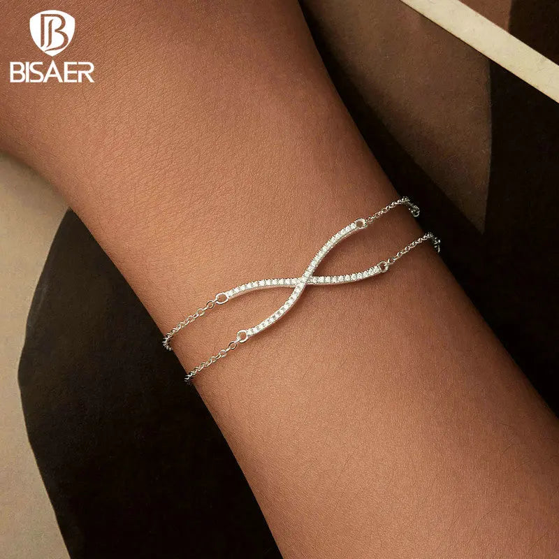 BISAER 925 Sterling Silver Crossed X Bracelet Adjustable Double Layer Chain Plated White Gold for Women Party Fine Jewelry Gift