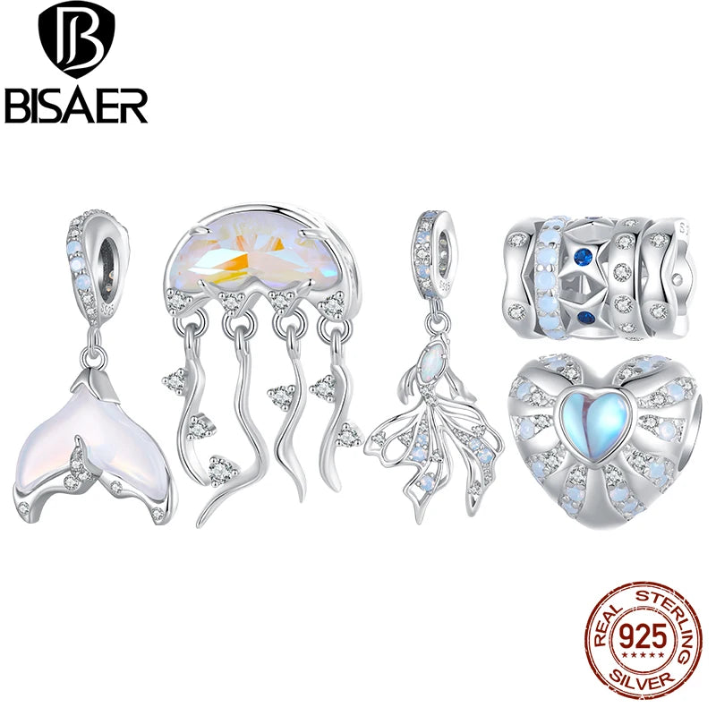 BISAER 925 Sterling Silver Fantasy Jellyfish Charm Bead Betta Fish Tail Heart Pendant Fit Woman Beach Party DIY Bracelet Jewelry