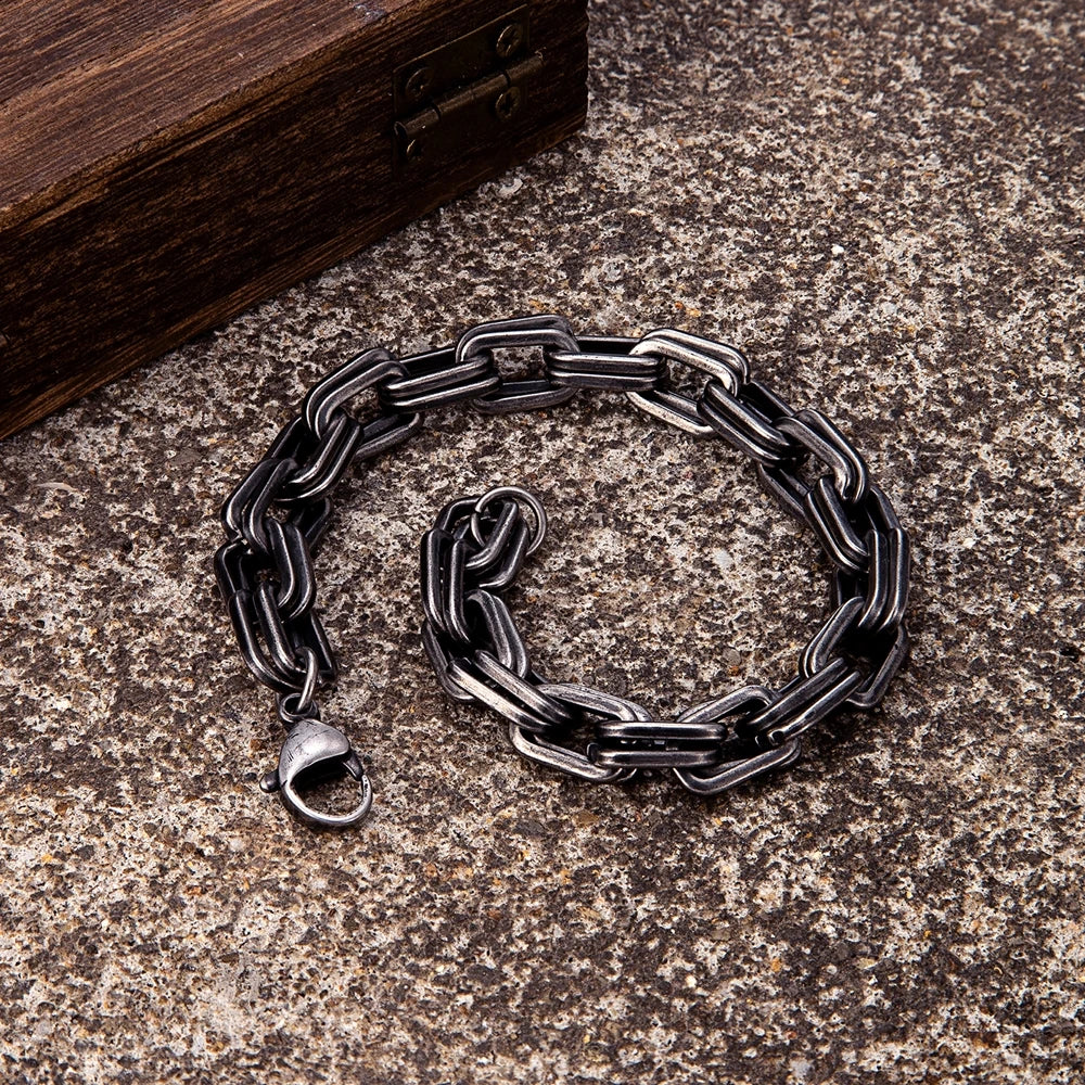 MKENDN Vintage Oxidized Black Double Lock Link Chain Bracelets for Men Stainless Steel Punk Motorcycle Charm Bracelets Male Puls