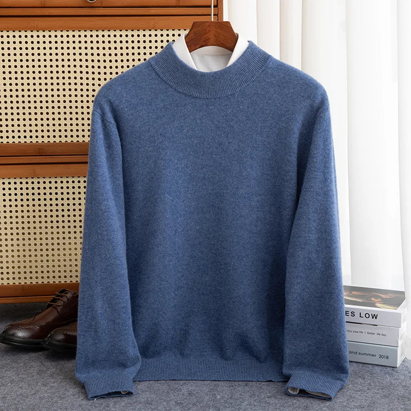 New Fashion Men's 100% Wool Pullover Half-high Collar Sweater Autumn Winter Warm Solid Color Knit Sweater Business Casual Top