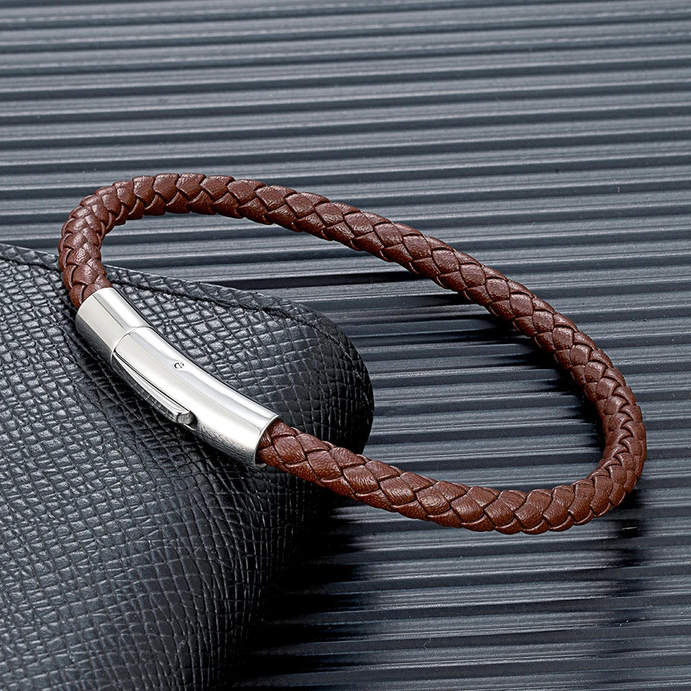 MKENDN Classic Simple Blue Braided Leather Bracelet Bangle Stainless Steel Magnetic Buckle Jewelry For Men Women Couple