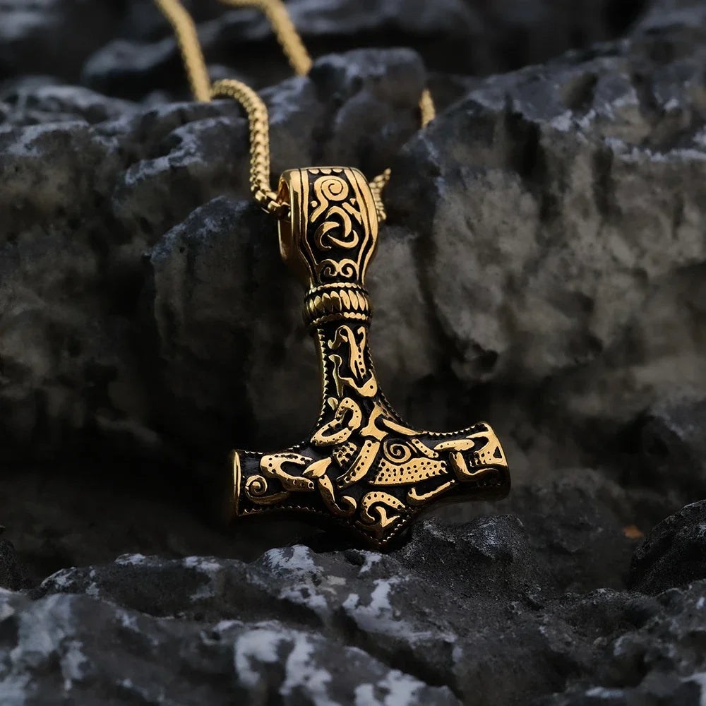 European and American style Golden Thor Hammer Fashion Viking Pirate Titanium Steel Men's Pendant Necklace Jewelry