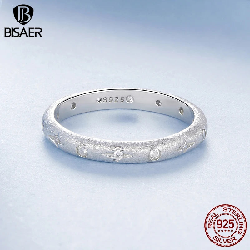 BISAER 925 Sterling Silver Sparkling Star Ring Starry Finger Band Plated White Gold for Women Wedding Party Fine Jewelry EFR617