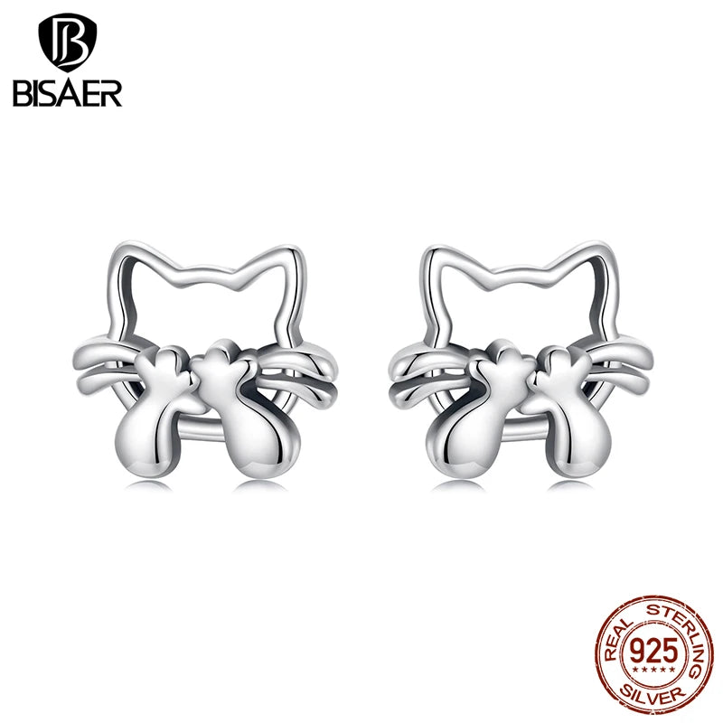 BISAER 925 Sterling Silver Cute Cat Stud Earrings Hollowed Lovely Pet Animals Stud Ear for Women & Girls Party Fine Jewelry