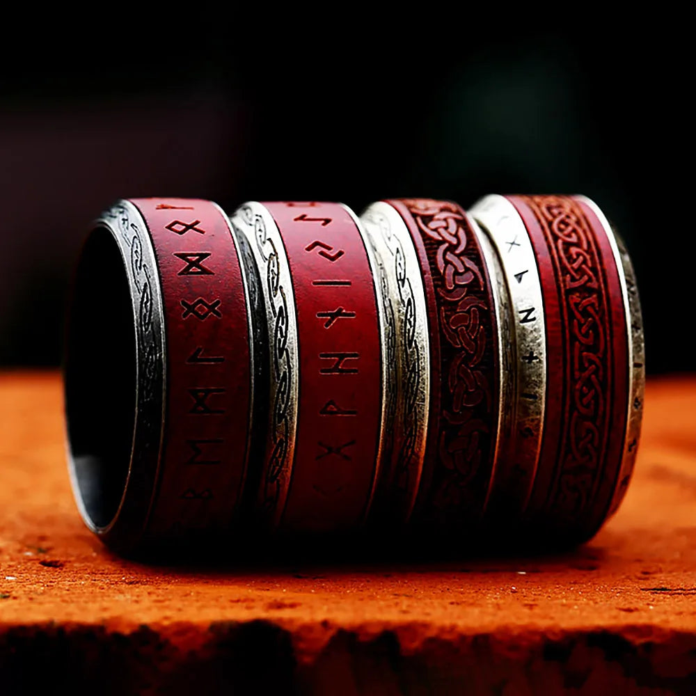 New Vintage Stainless Steel Spinning Viking Red Rosewood Rings For Men Women Fashion Nordic Celtic Knots Ring Odin Jewelry Gifts