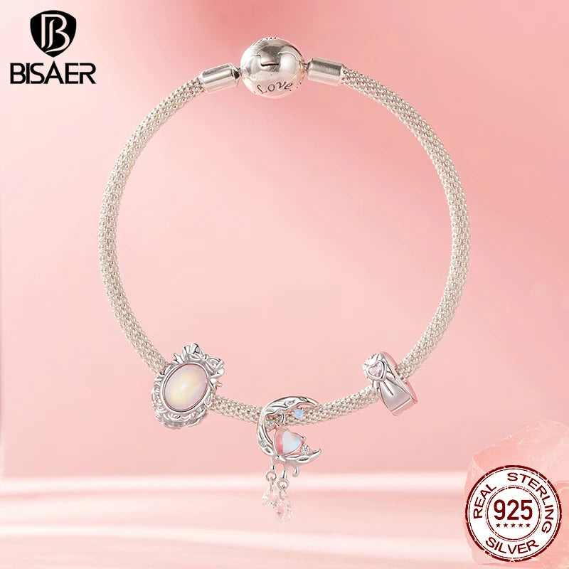 BISAER 925 Argent Sterling Rose Clair De Lune Charme Chaussure De Ballet Aurora Ours Coeur Aile Pendentif pour Femmes Bracelet À Bricoler Soi-Même Bijoux Fins