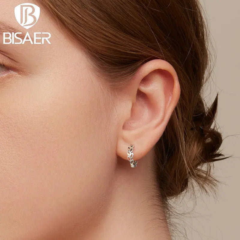 BISAER 925 Sterling Silver Simple Hollow out Leaf Hoop Earrings Plants Ear Buckles For Women Party Original Fine Jewelry Gift