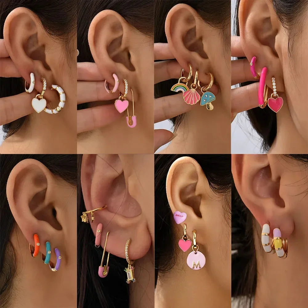 Charm Enamel Color Heart Huggie Hoop Earrings for Women Fashion Rainbow Mushroom Shell Pendants Small Earring Set Girls Gift