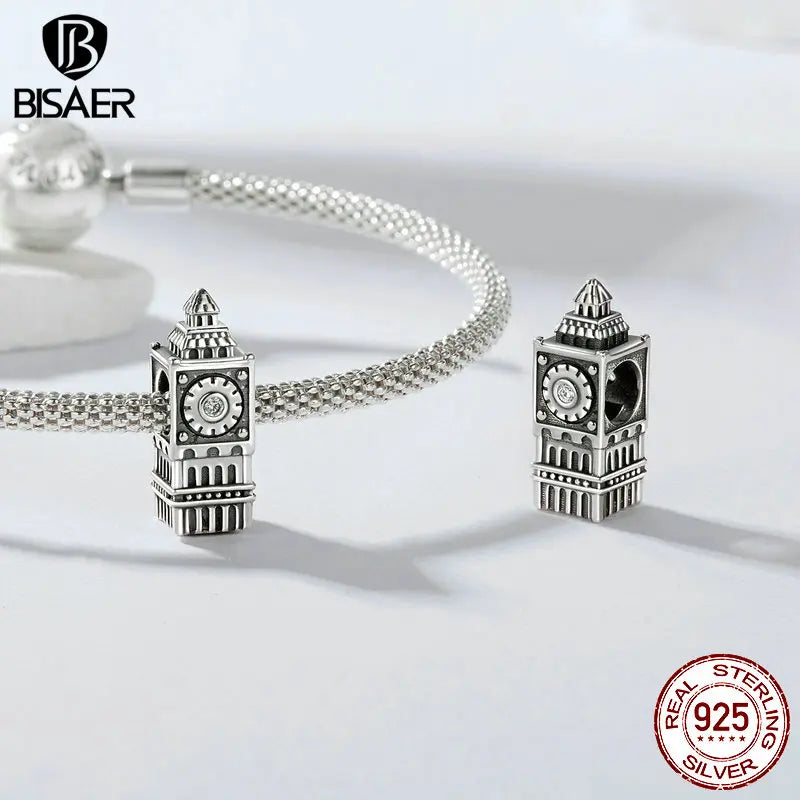 BISAER 100% 925 Sterling Silver Christ Redeemer Charms Beads Big Ben Tower of Pisa Pendant Fit Woman DIY Bracelet Fine Jewelry