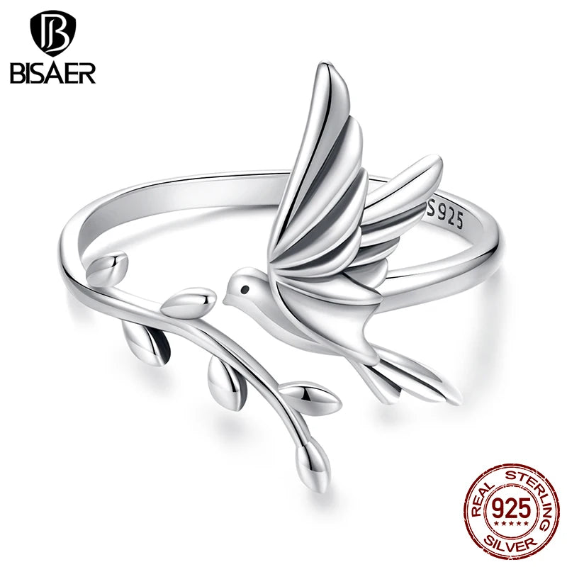 BISAER 925 Sterling Silver Kingfisher & Leaves Open Ring Adjustable Size 5-9 Band  for Women Party Fine Jewelry ECR1085-E